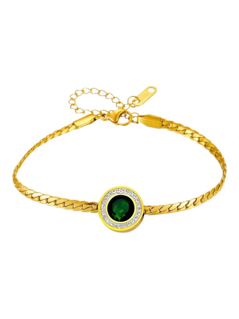 18K Gold Plated Green Gemstone Halo Bracelet CZ Waterproof Stainless Steel